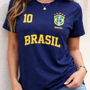 Camiseta Brasil Feminina 100% Algodão Estilosa Copa 2026 Azul-marinho Brasil 10 M